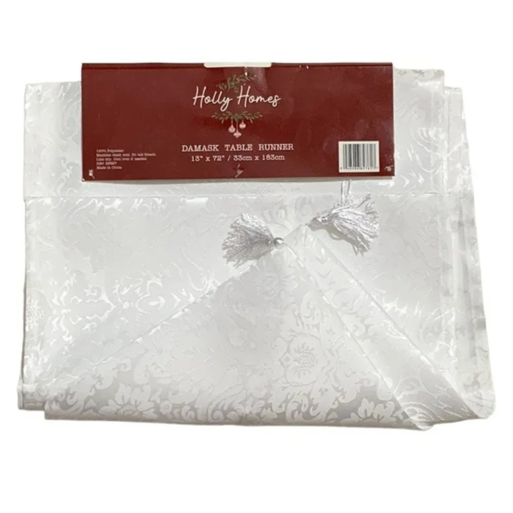 Holly Homes Table Runner Silky Damask Holiday Dressy White 13 in x 72 in
